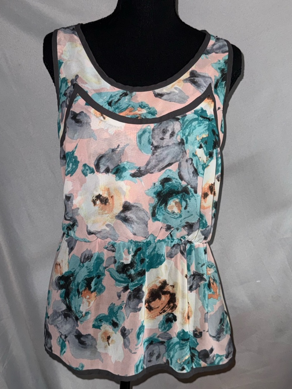 Bellatrix Floral Peplum Tank - Pink, Teal & Gray Accents